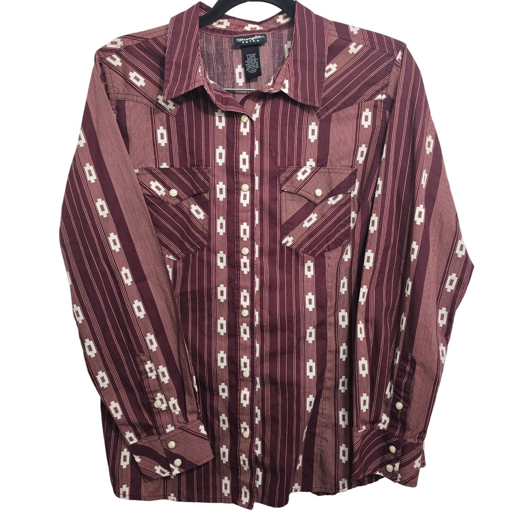 Wrangler Retro Womens Burgundy Geometric Stripe Western Pearl Snap Shirt L